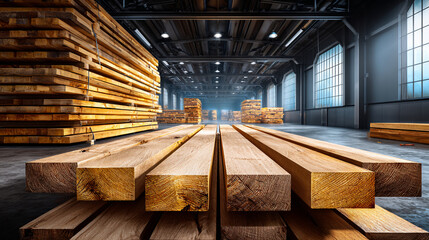 Lumberyard interior with stacks of wooden planks and beams.