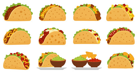 A grid of twelve different stylized tacos and dips on a white background