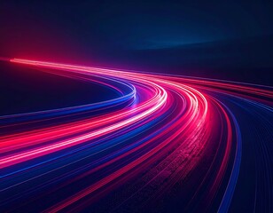 A curved path is illuminated by streaks of red and blue light. The vibrant lines of light create a sense of speed and motion