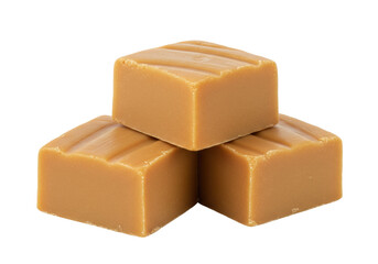 Three caramel candies stacked isolated on transparent background, delicious toffee cubes for confectionery and sweet treat concepts
