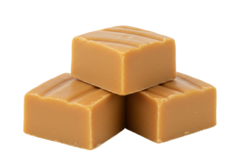 Three caramel candies stacked isolated on transparent background, delicious toffee cubes for confectionery and sweet treat concepts