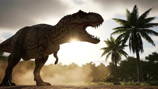 Tyrannosaurus Rex Roaring in a Prehistoric Jungle at Sunset.
