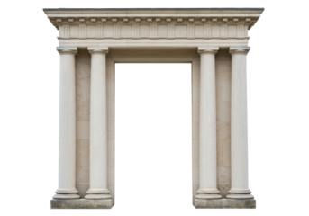 Isolated monument portal on no background, Roman architectural style, decorative columns