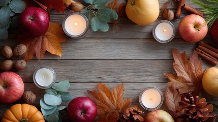 Autumn Harvest Frame Apples Cranberries Pumpkin Cinnamon Wood Background