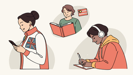 Diverse Students Learning Online and Offline, Reading Books, Using Smartphones, and Studying with Headphones for Global Education and Skill Development