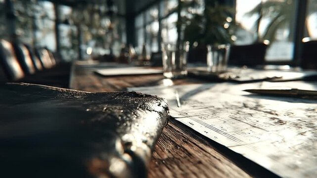 Close up of table with object map and pen indoors natural light