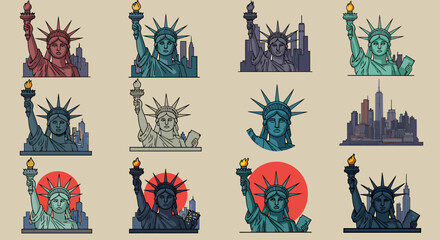 Twelve illustrations of the Statue of Liberty in various colors and styles © Faisal
