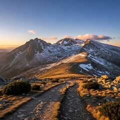 Majestic Mountain Vista - A Serene Pathway to Snowy Peaks at Sunset.