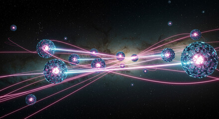 glowing quantum nodes connected by beams of light in dark space
