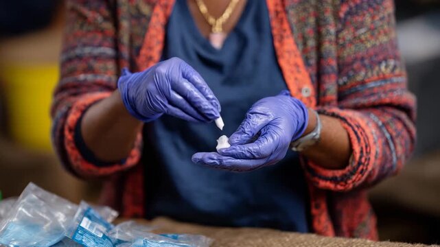 This image captures a skilled individual wearing gloves, methodically preparing medical supplies, emphasizing the importance of safety and precision in health care processes.