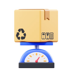 Cardboard Box Placed on a Blue Mechanical Scale Measuring Weight Against a Transparent Background with Recycle Symbol and Fragile Icons