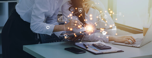 Digital transformation change management, internet of things. new technology bigdata and business process strategy, customer service management, cloud computing, smart industry. Ai technology.