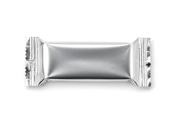A single, silver-colored candy bar wrapper lies horizontally on a white background, sealed at both ends.