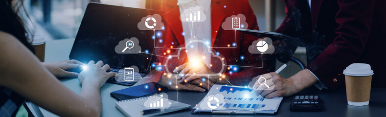 man use Laptop with cloud computing diagram show on hand. Cloud technology. Data storage. Networking and internet service concept.