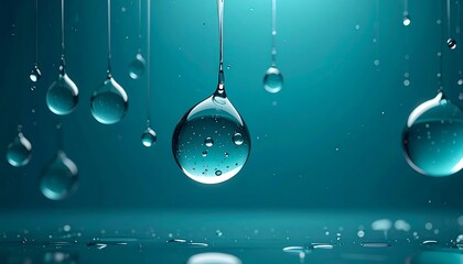 Glistening water droplets suspended and falling, reflecting light on a pristine blue surface, creating a dynamic abstract of clarity, purity, and natural refreshment