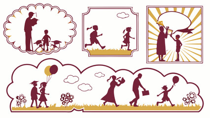 Naklejka premium Happy Children And Adults Silhouette Vector Set. Kids Learning, Playing, Graduating, And Family Growth Journey. Education, Parenting, School, Development