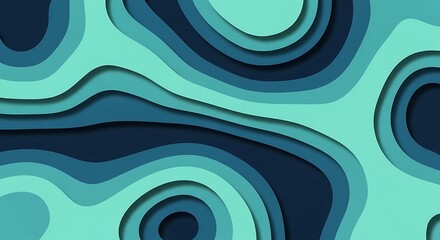 Abstract background with blue paper cut sea waves and topographic relief map effect creating depth and texture