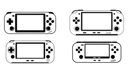 Vector illustration of four different handheld gaming console designs in a clean black and white minimalist style. Each device features buttons, screen, and joystick layout variations. Perfect for tec