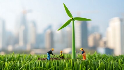 Mini workers building wind turbine for clean energy in city
