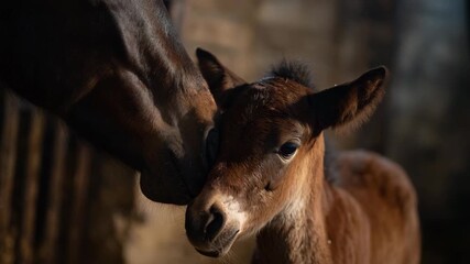 This heartwarming image depicts a mare nuzzling her foal, capturing the tender bond of nurturing and affection between mother and child in the natural world.