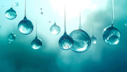 Close-up abstract view of shimmering water droplets suspended in a vibrant teal and blue background, symbolizing purity, freshness, and the essence of hydration