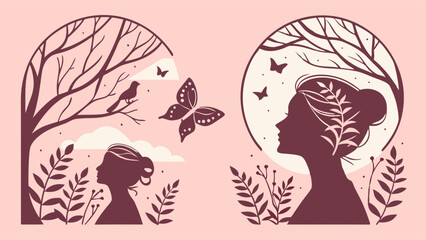 Empowered Woman Profile Silhouette with Nature Leaves and Butterflies. Female for Mental Health, Wellness, Self Care, Growth.