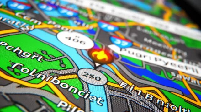 Close up view of a digital map with navigation and location data