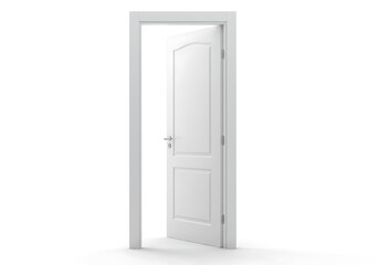 Naklejka premium A clean white panel door is slightly ajar within its frame, set against a bright, minimalist white background.