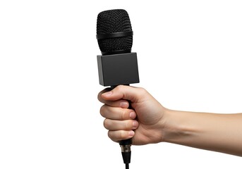 A hand holding a black interview microphone with a blank cube flag, isolated on a white background.