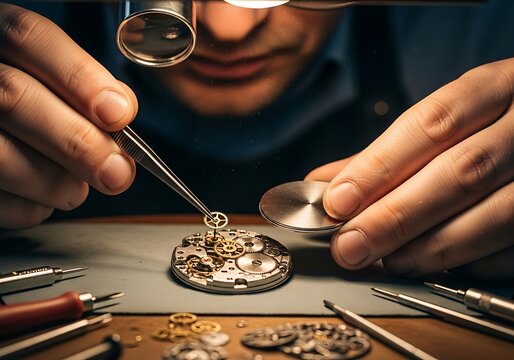 Intricate watchmaking precision: A skilled artisan meticulously repairing timepiece movements with focused expertise