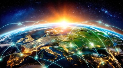 Global connectivity revolution earth digital art cosmic background aerial view interconnected future
