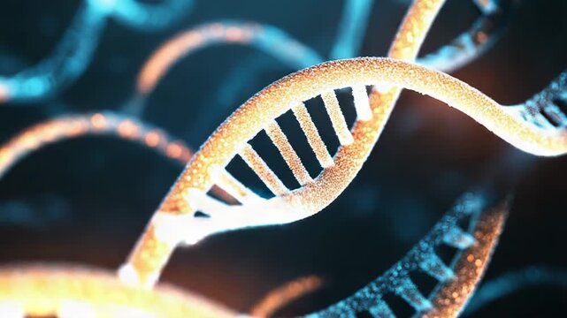 Dna helix forming, glowing particles representing genetics moving