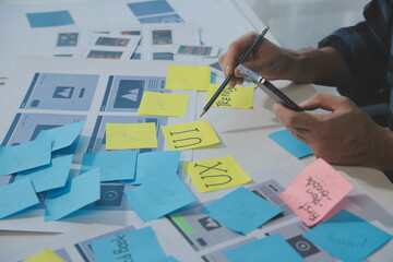 ux Graphic designer creative sketch planning application process development prototype wireframe for web mobile phone . User experience concept.