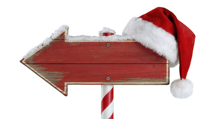 Rustic red wooden arrow signpost with santa hat and snow isolated on transparent background