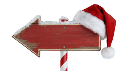 Rustic red wooden arrow signpost with santa hat and snow isolated on transparent background