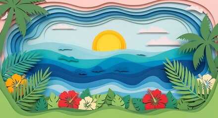 Abstract background with blue paper cut sea waves and topographic relief map effect creating depth and texture