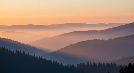 Obraz premium Breathtaking misty mountain ridges at sunrise with stunning golden light creating a peaceful, ethereal atmosphere perfect for travel and wellness brands