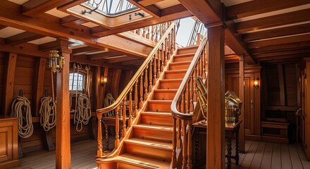Interior of a Wooden Ship with Stairs and Skylight.