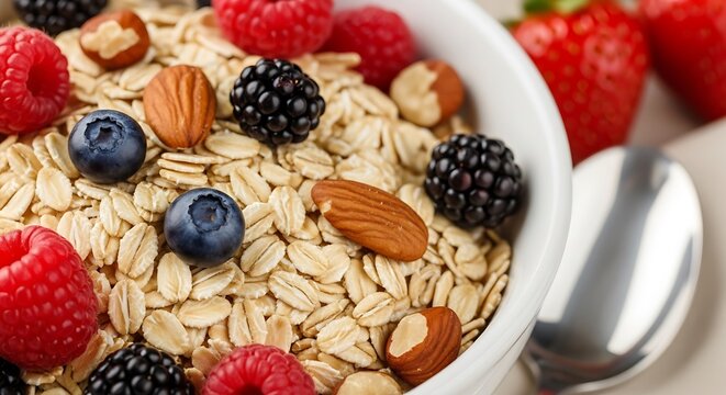 Oatmeal delight with fresh berries and nuts, wholesome breakfast scene