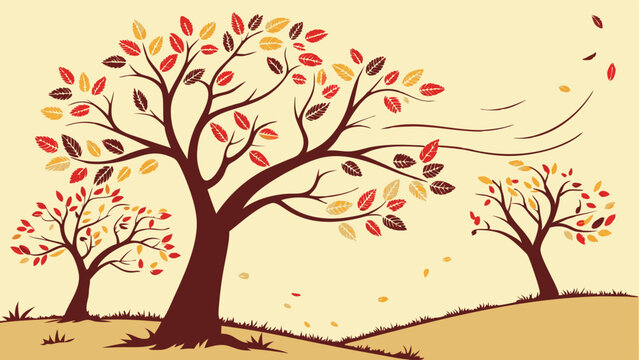 Windy autumn landscape with trees and falling leaves for seasonal background illustration and nature themed design projects
