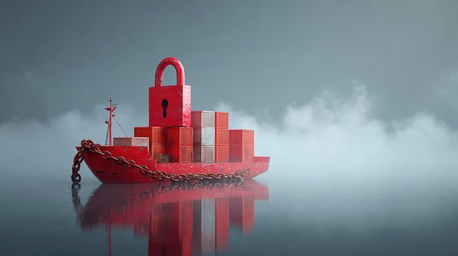 A red cargo ship loaded with shipping containers topped by a large red padlock sailing on calm water under a cloudy sky