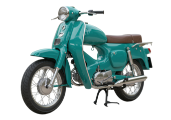 Turquoise vintage scooter isolated on transparent background, classic motorcycle for urban transport and retro design