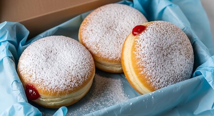 Three sufganiyot donuts dusted with powdered sugar in a box