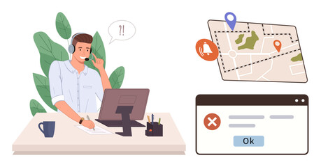 Customer support agent wearing a headset, assisting with map issue involving geolocation error alert window. Ideal for troubleshooting, customer service, navigation, location services, mapping, error