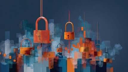 Assortment of padlocks suspended against a backdrop of abstract geometric shapes and textured watercolor effects in shades of blue and orange conveying themes of security and protection