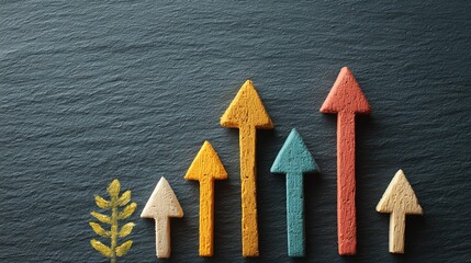 Row of colorful arrows and a yellow sprig indicating upward progression on a textured dark surface