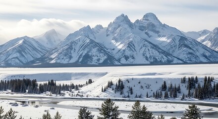 Winter Majesty - Snow-Covered Grand Teton Mountains Landscape.