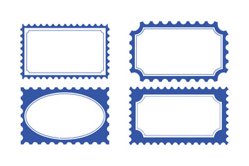 Collection of four decorative blue postage stamp frames with empty white space for text and design elements