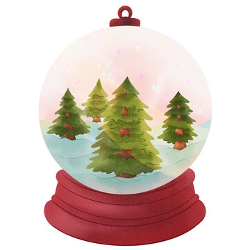 Snow Globe with House and Tree Merry Christmas Watercolor Clipart
