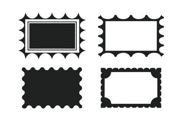 Collection of four vintage postage stamp outlines in black and white with decorative perforated edges